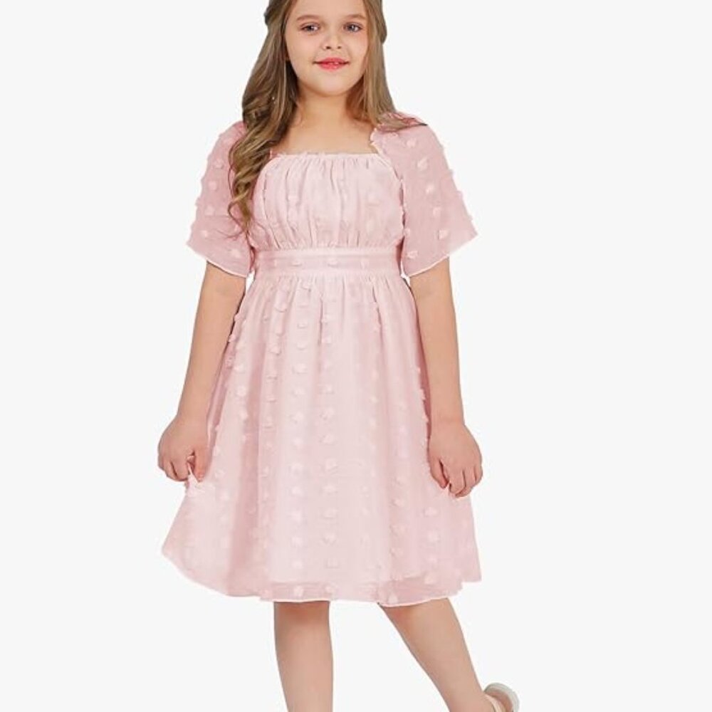 NWT Girl's Short Sleeve Swiss Dot Square Neck Cottagecore Pink Dress Size 150 12